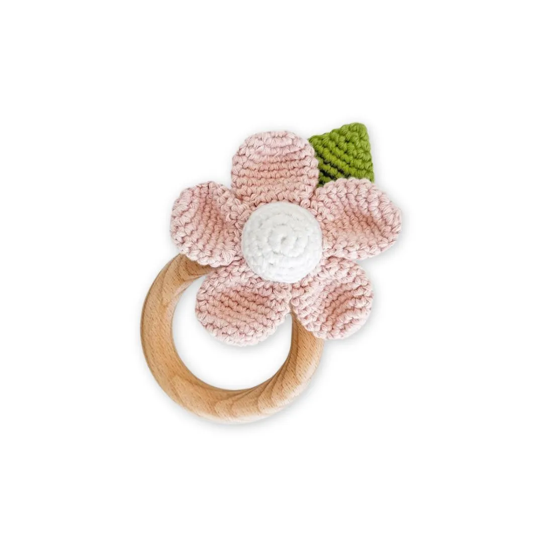 Cotton Crochet Rattle Teether Flower, Blush