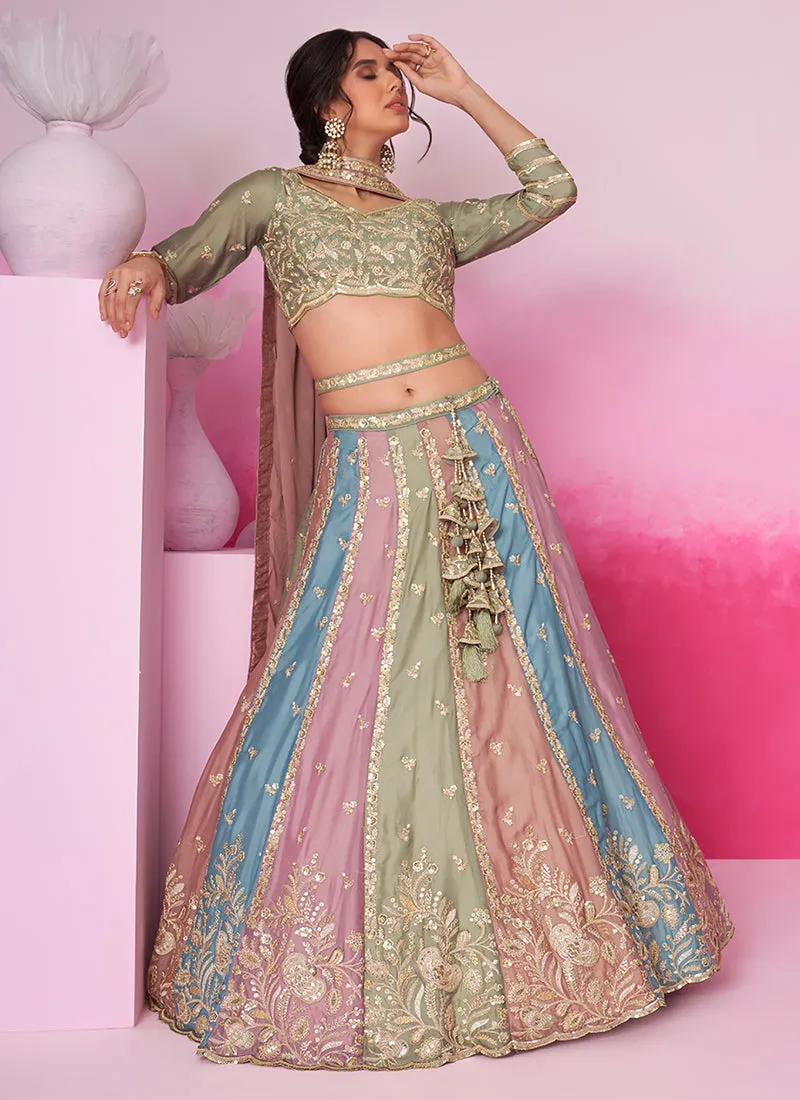 Sage Green And Multicolored Embroidered Bridal Lehenga Choli