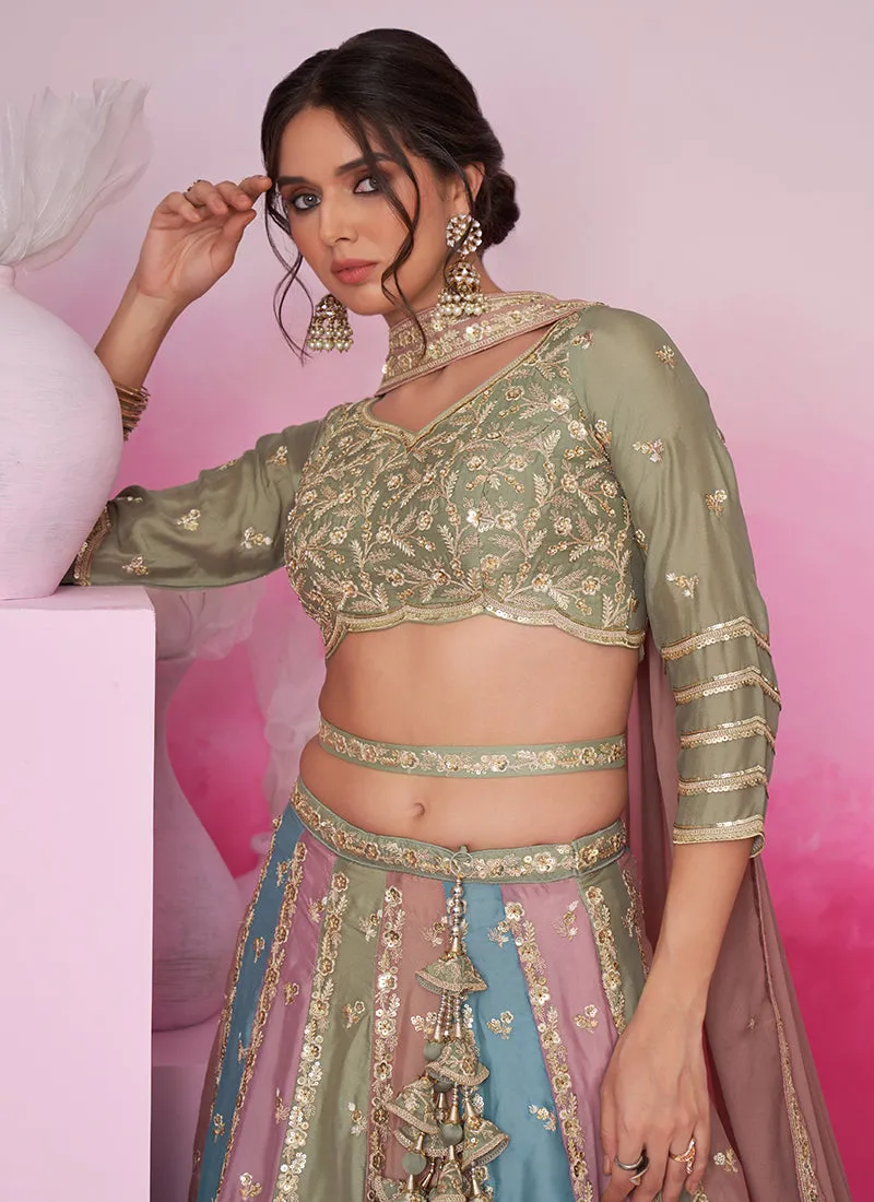 Sage Green And Multicolored Embroidered Bridal Lehenga Choli