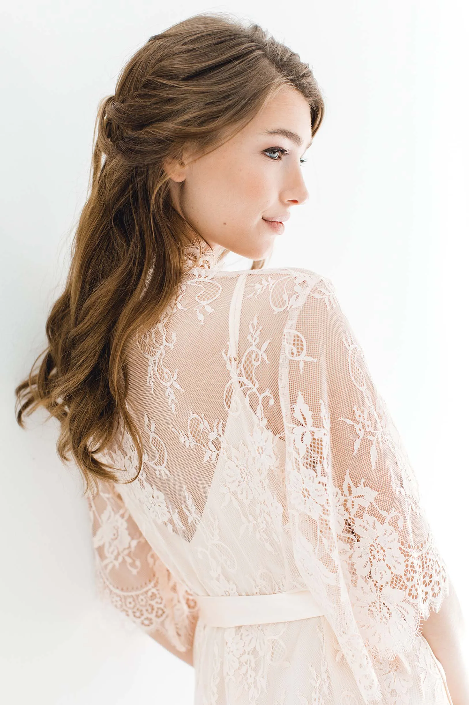 Swan Queen Bridal lace robe in Blush pink