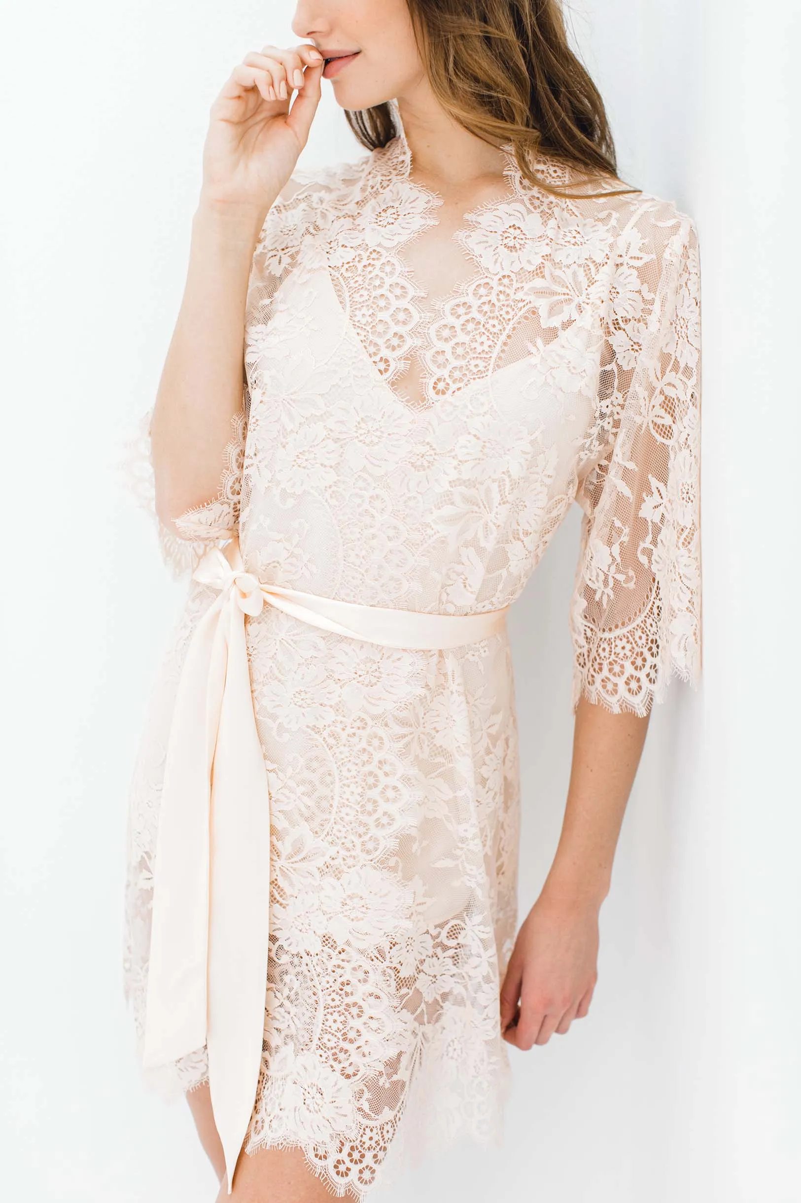 Swan Queen Bridal lace robe in Blush pink