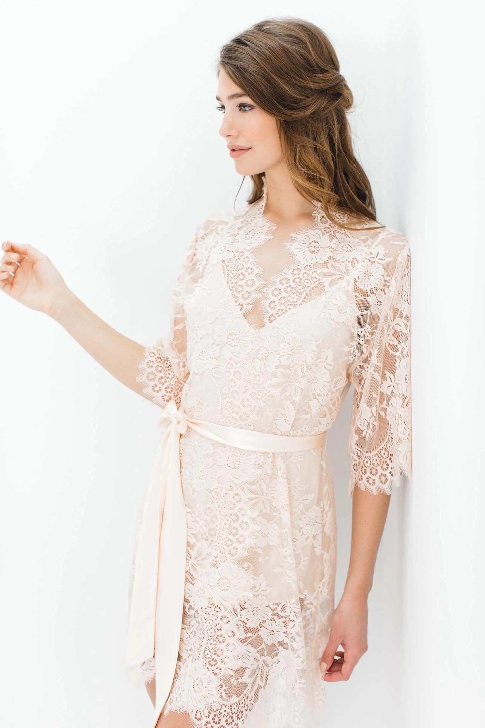 Swan Queen Bridal lace robe in Blush pink