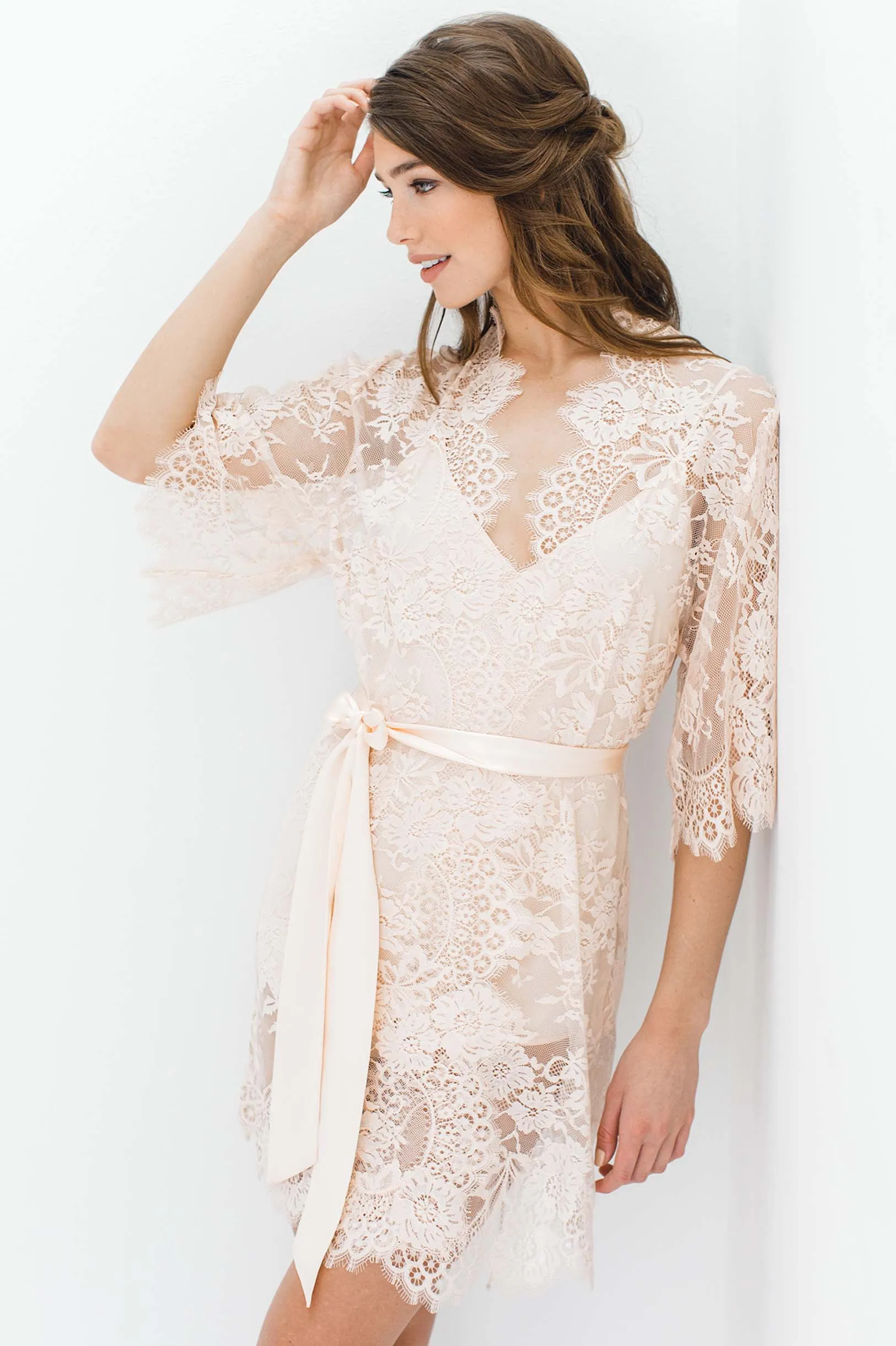 Swan Queen Bridal lace robe in Blush pink